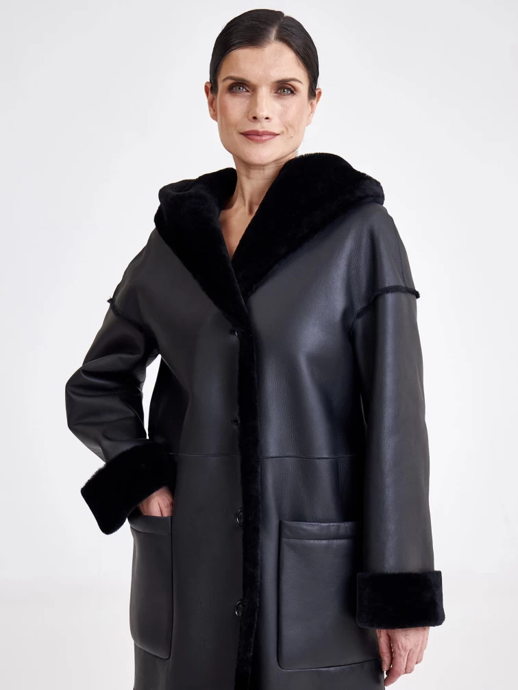 Женское пальто оверсайз из натуральной овчины с капюшоном премиум класса 2008, черное, размер 44, артикул 63710-4