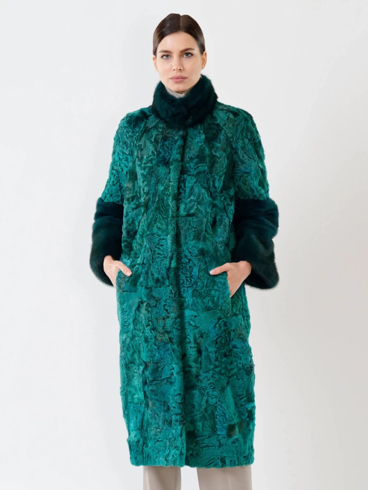 Шуба женская из меха каракуля с норковым воротником 17101пл(сн), изумрудная, размер 44, артикул 22460-1