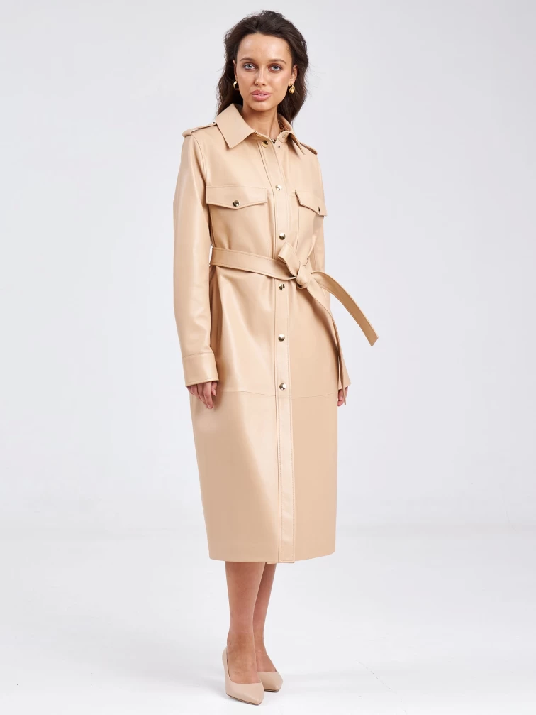 Кожаный женский плащ рубашка премиум класса 03, бежевый, размер 48, артикул 25720-3