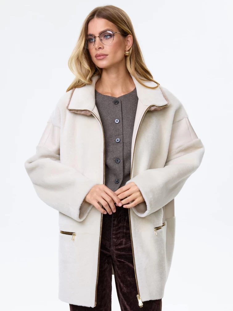 Дубленка на молнии с норковым воротником для женщин премиум класса 2057, белая, размер 44, артикул 64490-4