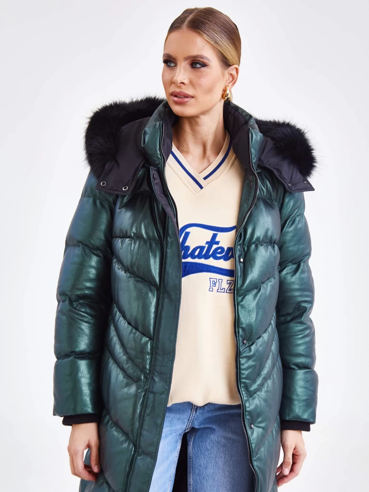 Женское стеганое кожаное пальто с меховым капюшоном премиум класса 3048, зеленое, размер 44, артикул 25680-0