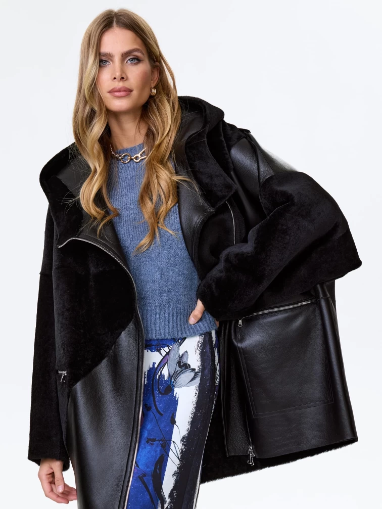 Женское полупальто оверсайз из натуральной овчины с капюшоном премиум класса 2055, черное, размер 50, артикул 64270-5