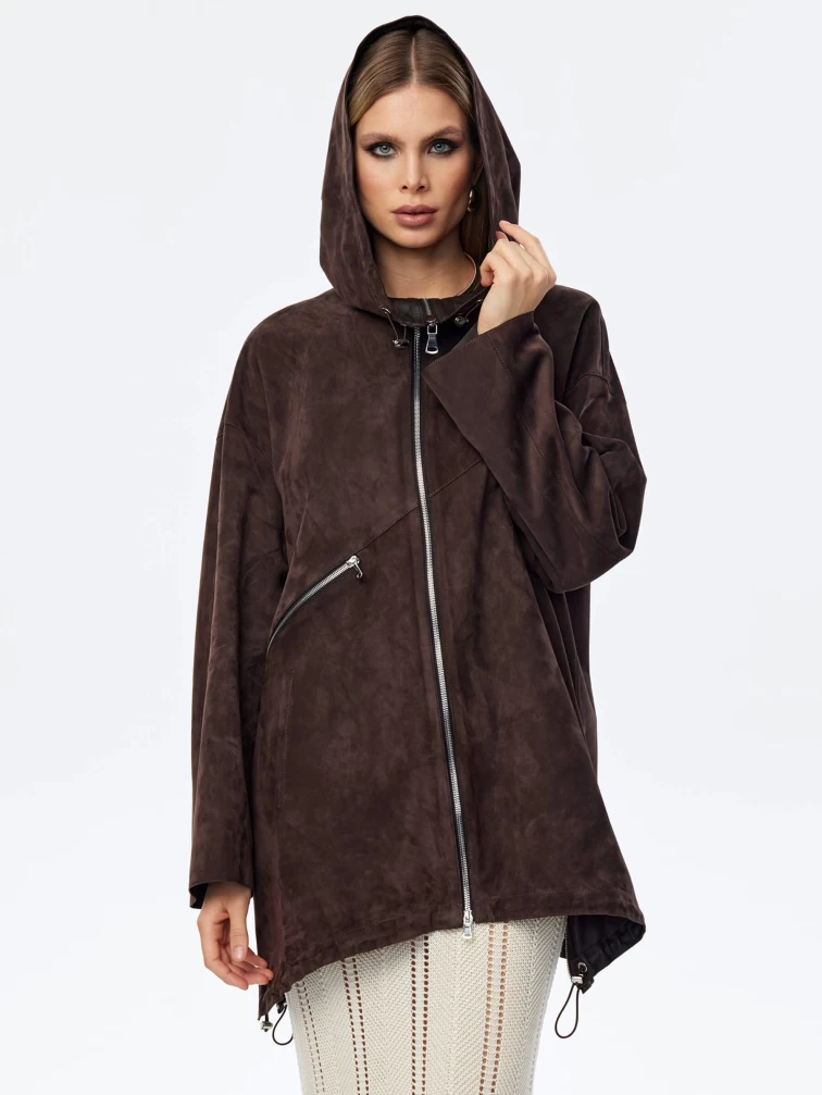 Замшевый плащ оверсайз с капюшоном для женщин премиум класса 3053з, коричневый, размер 48, артикул 23980-2