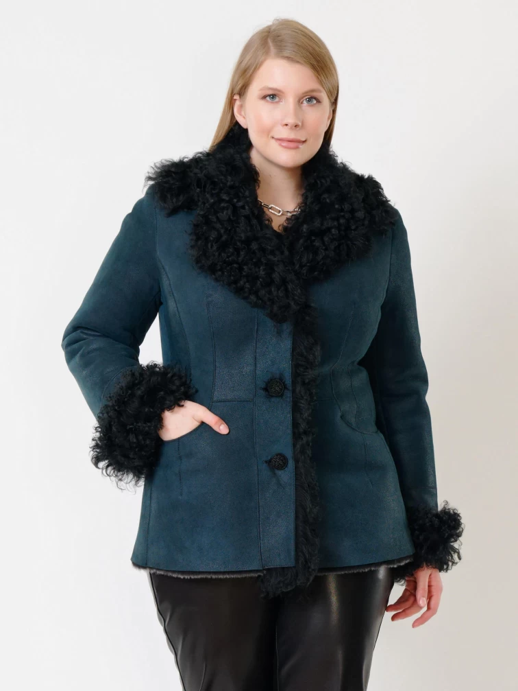 Короткая женская дубленка с овчиной тиградо 289, синяя, размер 42, артикул 62032-2