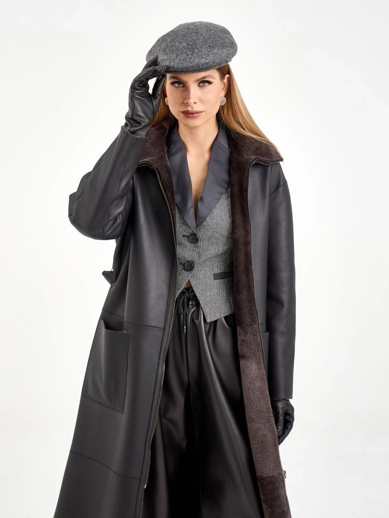 Коричневая длинная женская дубленка 2071, размер 48, артикул 64990-1