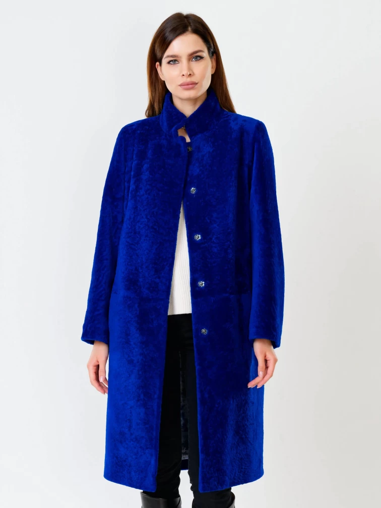 Шуба из астрагана с воротником стойкой для женщин 54мех, синяя, размер 46, артикул 13631-2