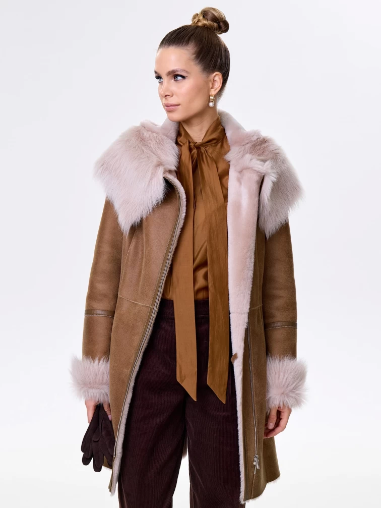 Женская дубленка косуха с капюшоном из тосканы 283, бежевая, размер 48, артикул 61832-4