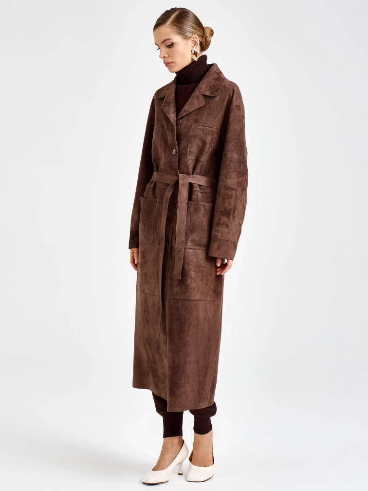 Женский замшевый плащ премиум класса 3112з, коричневый, размер 46, артикул 92370-7