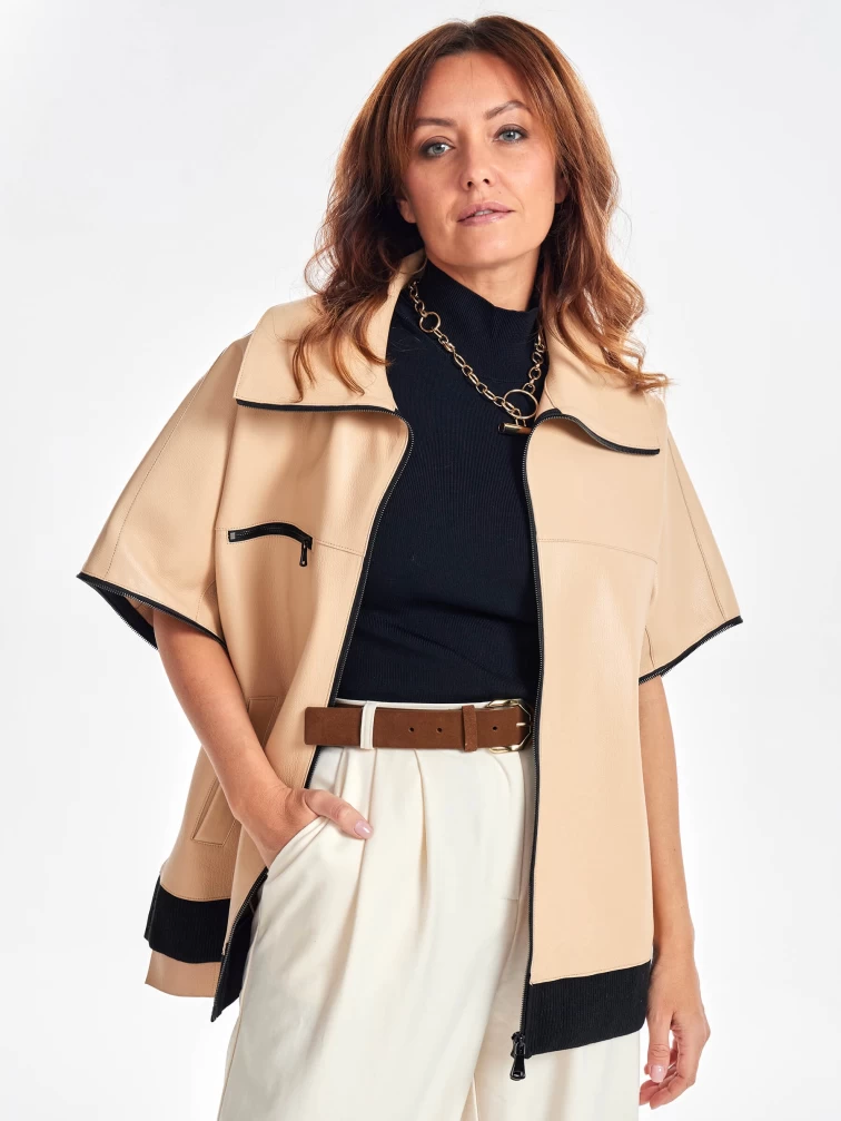 Кожаная женская куртка оверсайз на резинке премиум класса 3031, бежевая, размер 54, артикул 23880-2