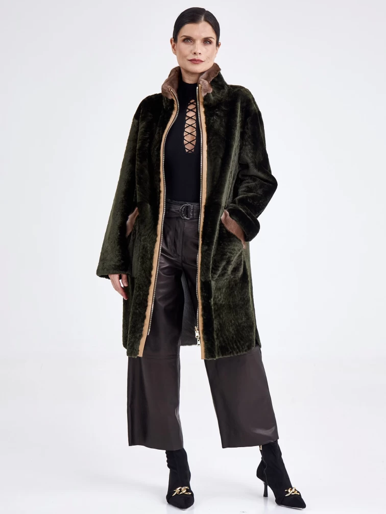 Женская двусторонняя дубленка из астрагана с мехом норки премиум класса 2018, хаки, размер 44, артикул 62770-1