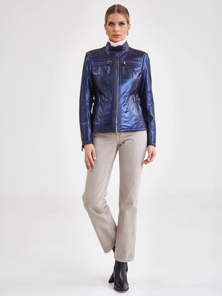 Кожаная утепленная женская куртка 301ш, синий перламутр, размер 46, артикул 23680-2