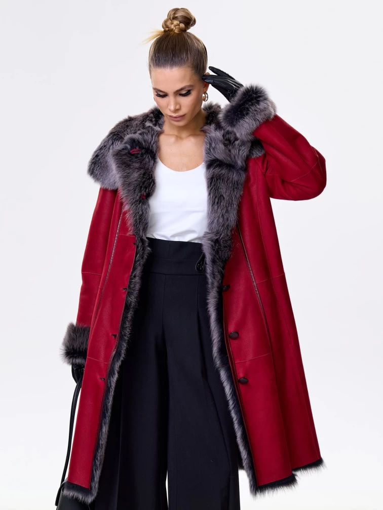 Длинная женская дубленка из тосканы с капюшоном 123нк, красная, размер 50, артикул 61903-3
