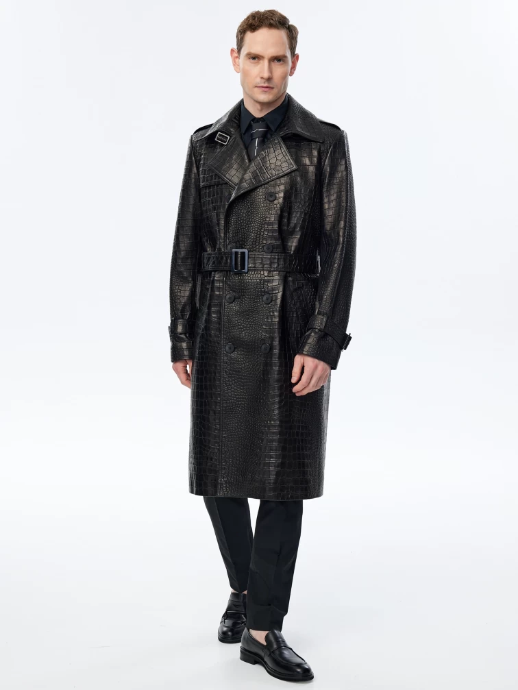Длинный мужской кожаный плащ премиум класса 559, черный, размер 52, артикул 71480-2