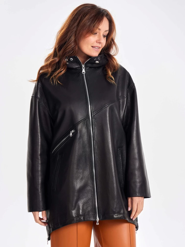 Кожаный женский плащ оверсайз на молнии с капюшоном премиум класса 3054, черный, размер 48, артикул 23490-1