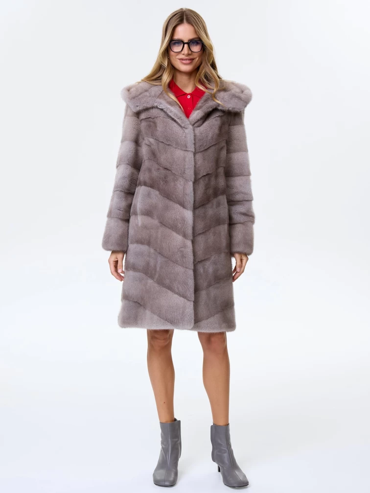 Полупальто с капюшоном из меха норки для женщин Галя(к), серо-голубое, размер 44, артикул 34100-2