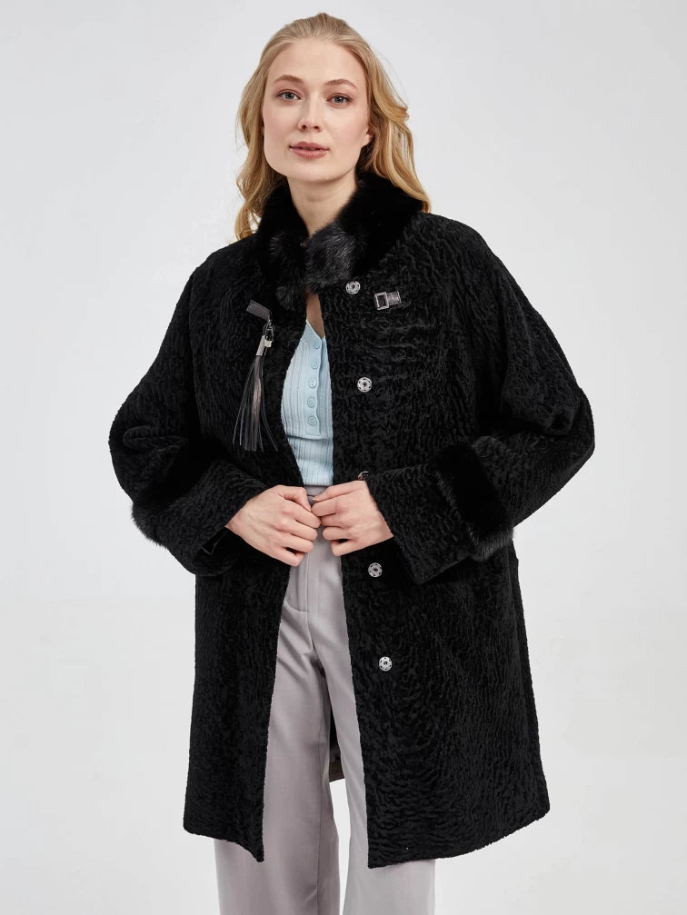 Шуба из астрагана с отделкой из меха норки для женщин 29мех, черная, размер 48, артикул 13590-6