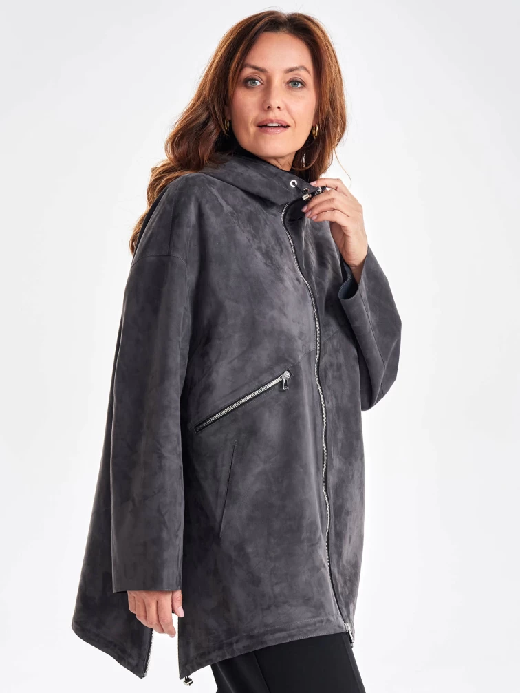 Замшевый женский плащ оверсайз на молнии с капюшоном премиум класса 3053з, темно-серый, размер 48, артикул 23480-1
