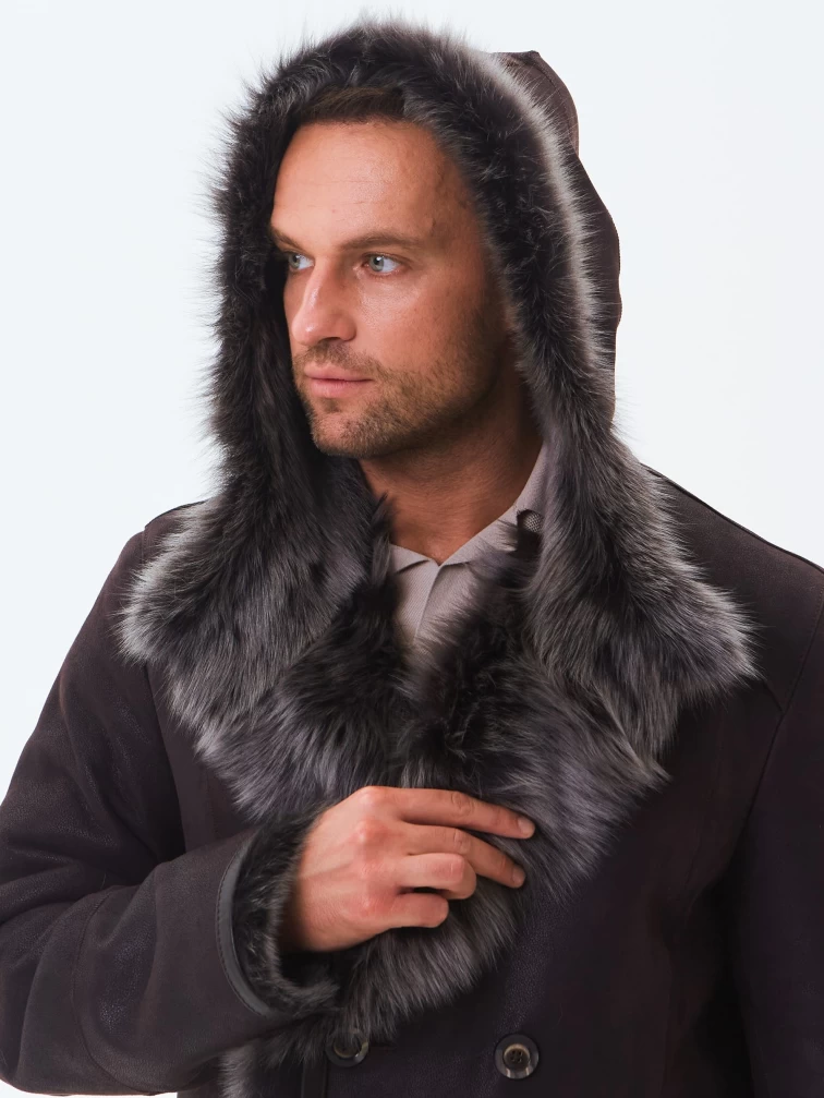 Двубортная мужская дубленка из тосканы с капюшоном премиум класса 415, коричневая, размер 52, артикул 71600-3