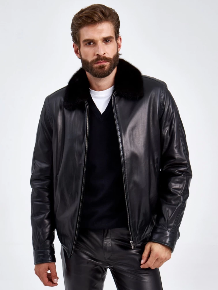 Кожаная зимняя мужская куртка на подкладке из овчины с норковым воротником 4634, черная, размер 48, артикул 29420-3