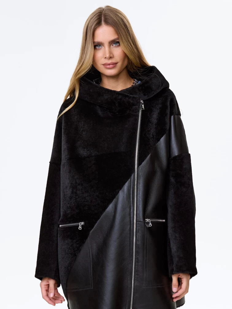 Женское полупальто оверсайз из натуральной овчины с капюшоном премиум класса 2055, черное, размер 50, артикул 64270-2
