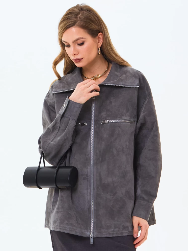 Удлиненная женская замшевая куртка премиум класса 3084з, серая, размер 46, артикул 24680-0