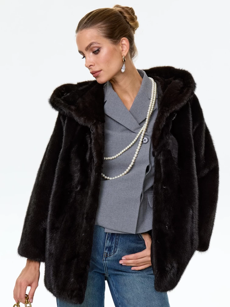 Норковая женская шуба автоледи с капюшоном Яна(к), черная, размер 48, артикул 34150-5