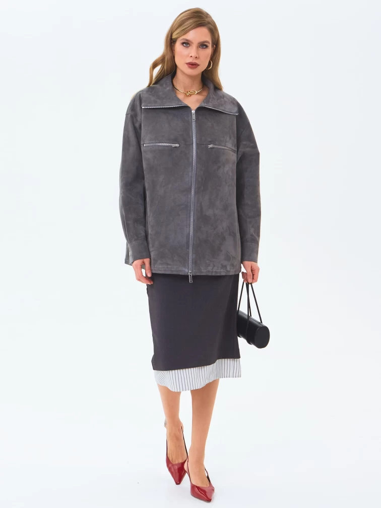 Удлиненная женская замшевая куртка премиум класса 3084з, серая, размер 46, артикул 24680-1