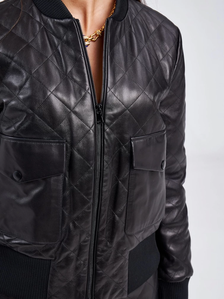 Кожаный стеганый женский бомбер премиум класса 3042, черный, размер 50, артикул 23250-2