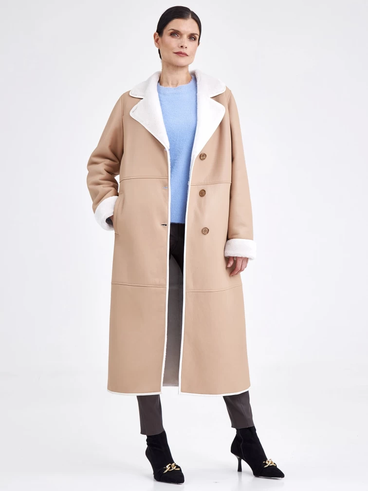 Классическое пальто из натуральной овчины с поясом премиум класса для женщин 2009, бежевое, размер 46, артикул 63740-4