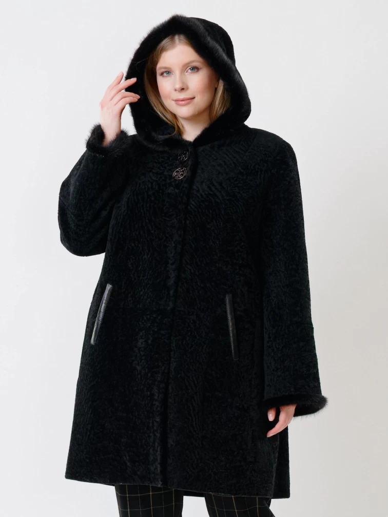Дубленка с капюшоном из астрагана для женщин с мехом норки 47мех, черная, размер 52, артикул 17310-2