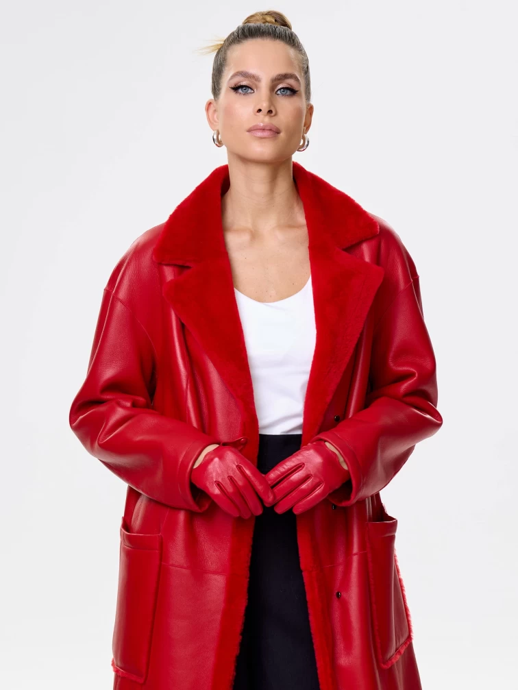 Длинная женская дубленка оверсайз премиум класса 2002, красная, размер 44, артикул 62441-5