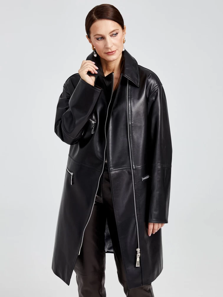 Кожаное женское пальто косуха оверсайз премиум класса 3015, черное, размер 46, артикул 25630-2