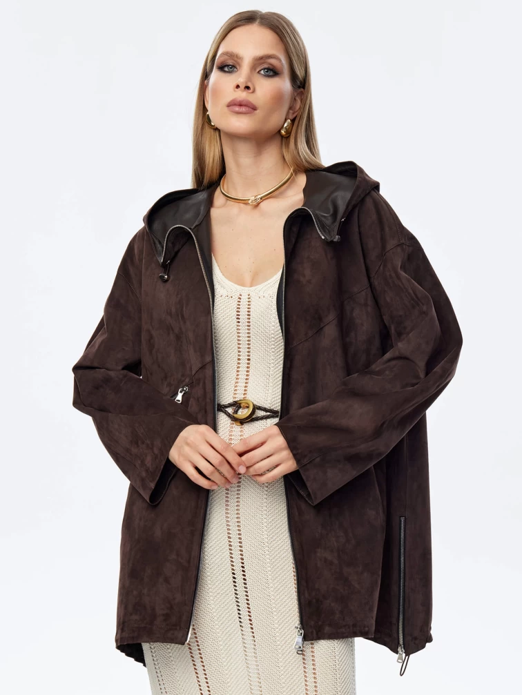 Замшевый плащ оверсайз с капюшоном для женщин премиум класса 3053з, коричневый, размер 48, артикул 23980-0