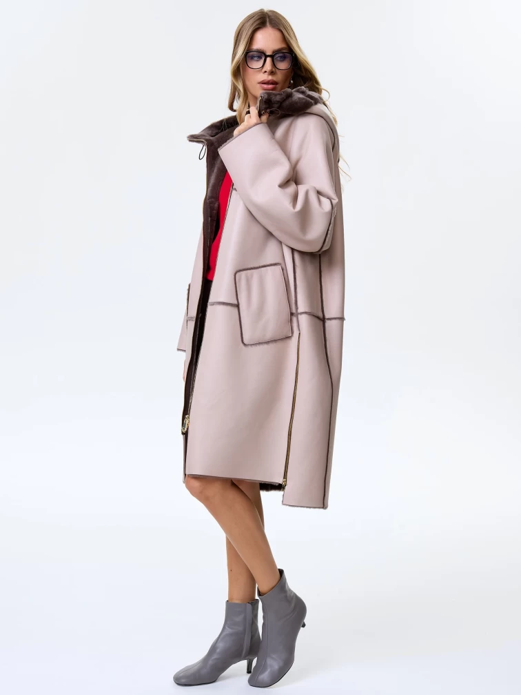 Женское полупальто с капюшоном из натуральной овчины премиум класса 2052, бежевое, размер 46, артикул 64280-6