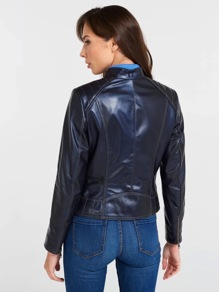Кожаная куртка косуха женская 300, синий перламутр, размер 46, артикул 90220-1
