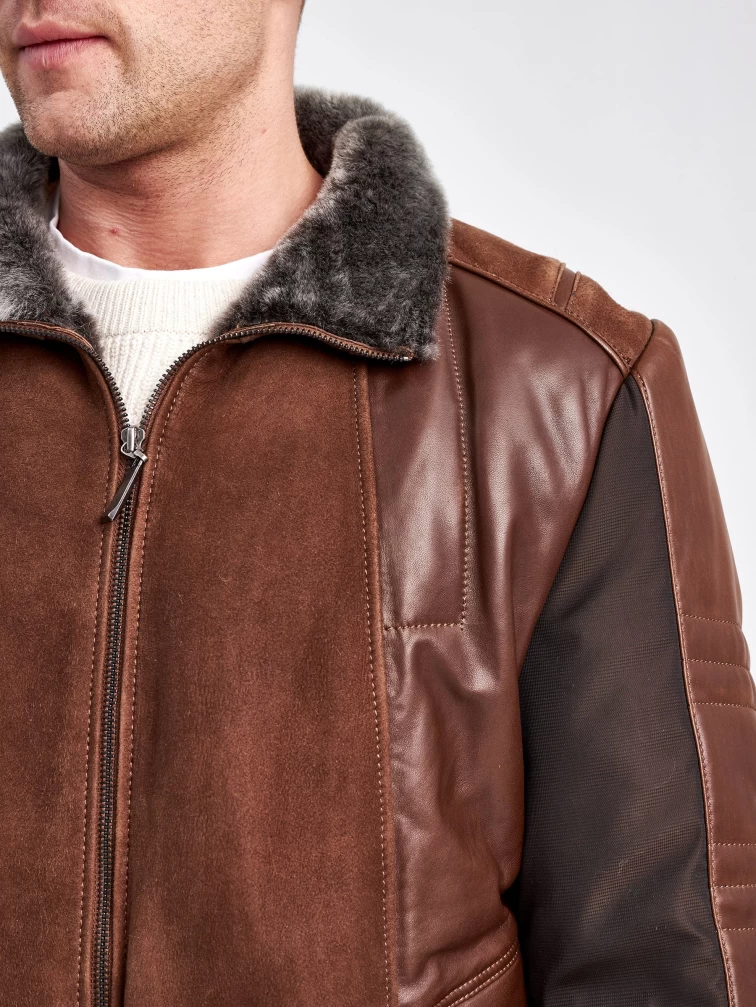 Комбинированная короткая мужская дубленка 40072, коричневый, размер 50, артикул 71230-4