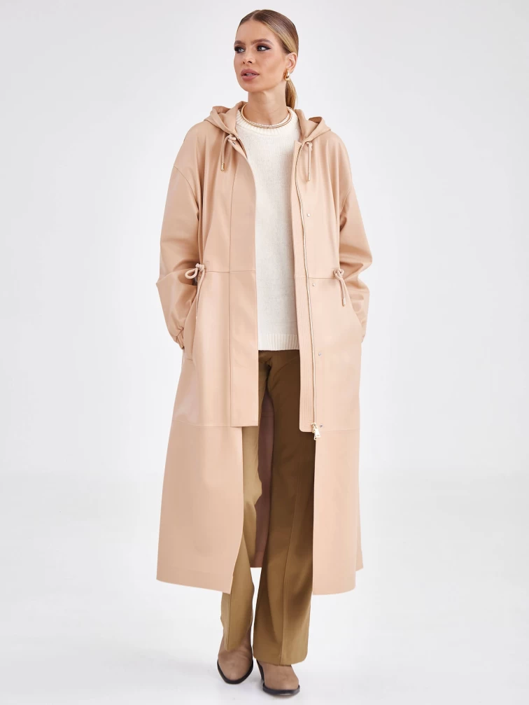 Женское кожаное пальто с капюшоном на молнии премиум класса 3033, бежевое, размер 44, артикул 63470-3