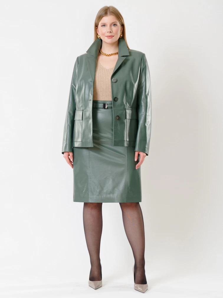 Кожаный костюм женский: Пиджак 3007 + Юбка-карандаш 02рс, оливковый, р. 46, арт. 111137-1