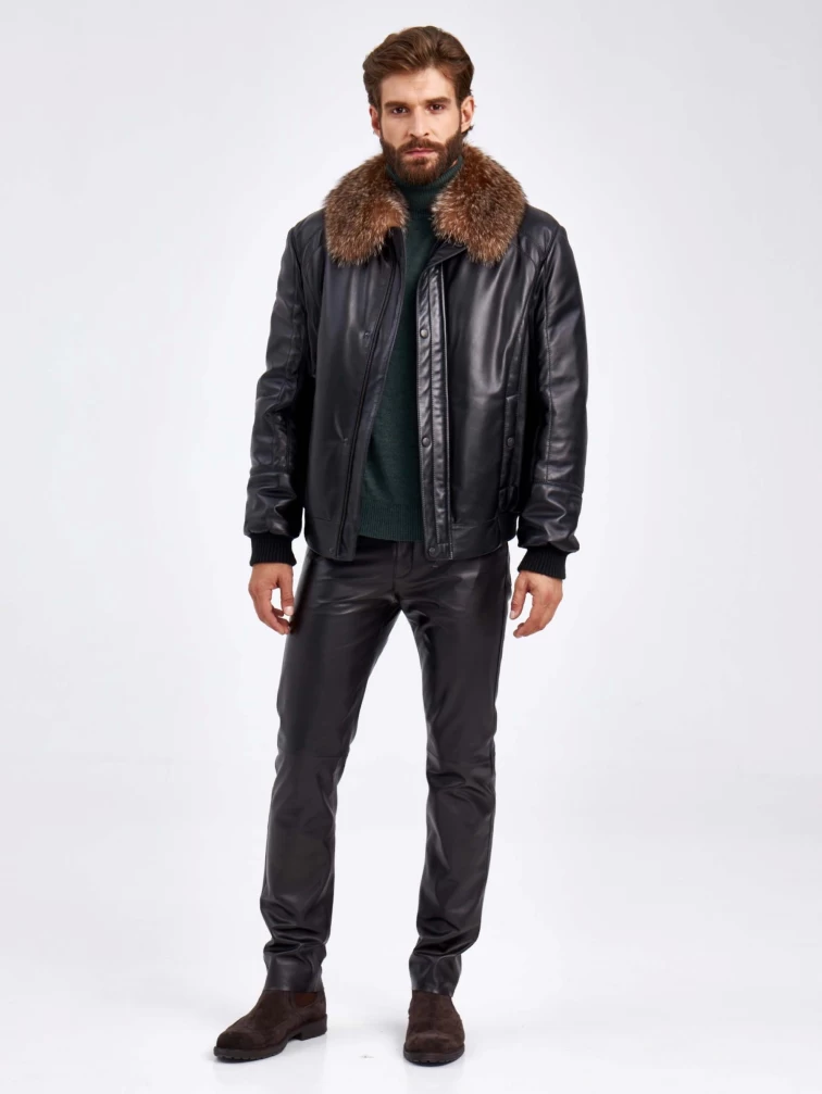 Кожаный утепленный мужской пуховик с воротником из меха енота 532, черный, размер 52, артикул 29210-5