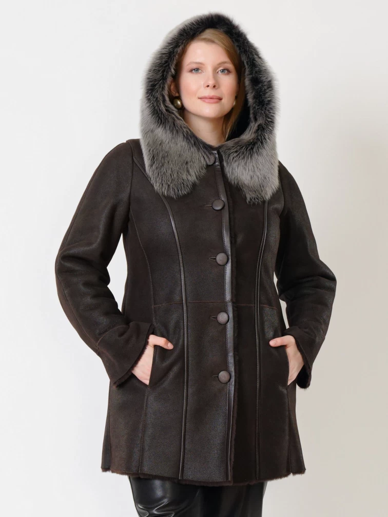 Женская дубленка с капюшоном из тосканы 270, коричневая, размер 66, артикул 14720-1