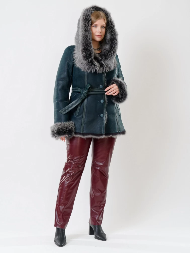 Короткая женская дубленка из тосканы с капюшоном 122, синяя, размер 40, артикул 62040-3
