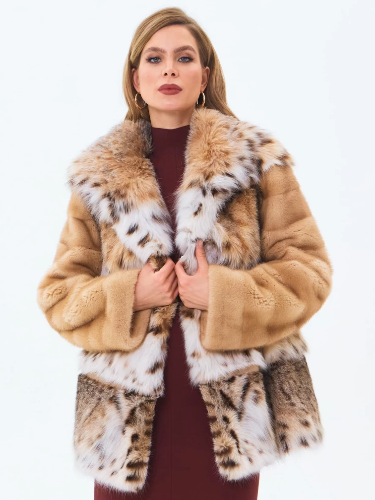 Женская шуба из рысевидной кошки с капюшоном премиум класса Мариана(к), бежевая, размер 46, артикул 34240-0