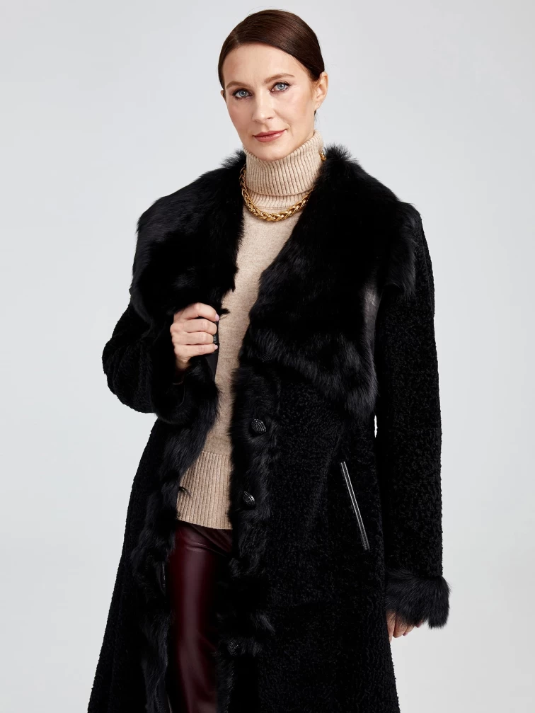 Шуба из астрагана женская с отделкой из меха тосканы 12мех, коричневая, размер 42, артикул 13620-1