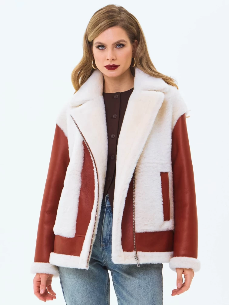 Короткая женская дубленка из натуральной овчины премиум класса 2066, коньячная, размер 44, артикул 64720-4