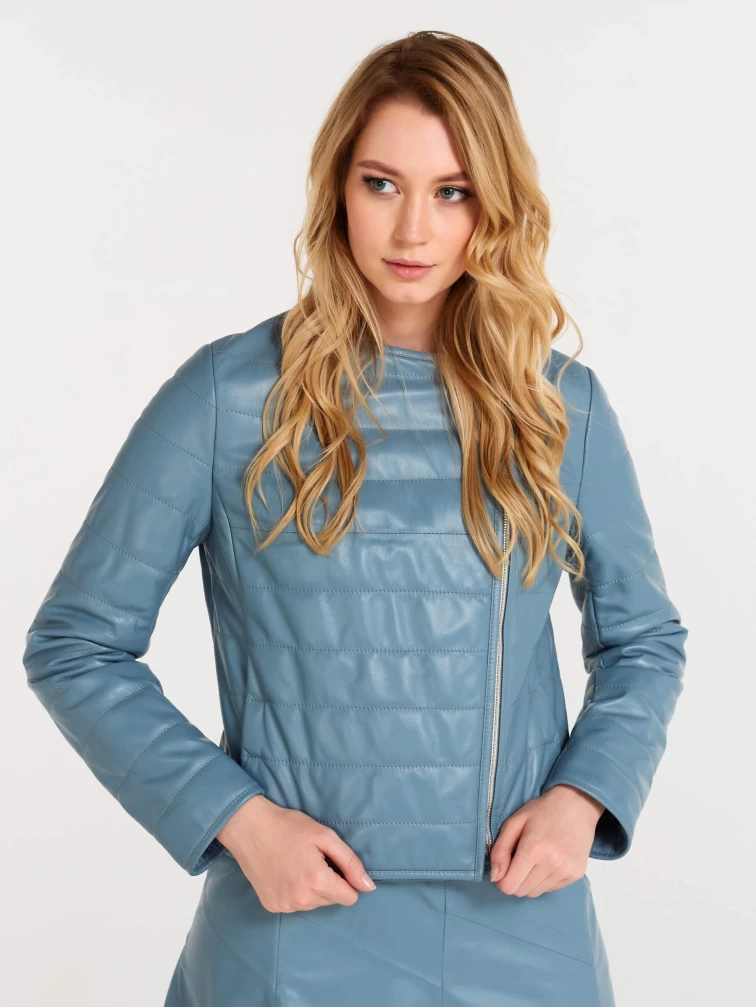 Утепленная кожаная женская косуха без воротника 306, голубая, размер 46, артикул 23610-1