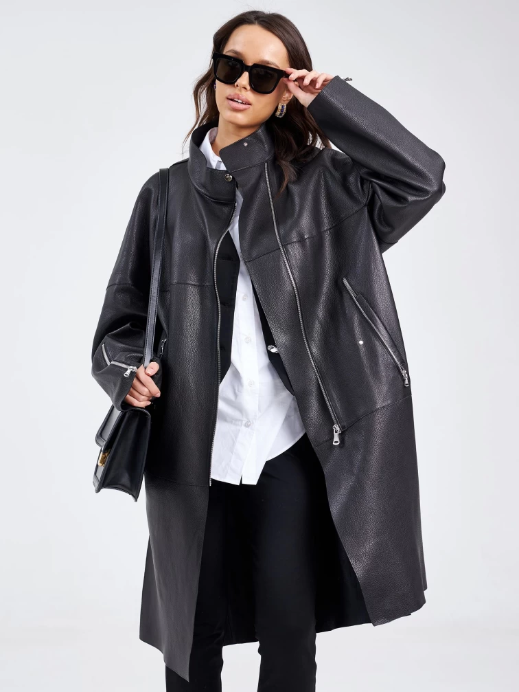 Женский кожаный плащ на молнии премиум класса 3041, черный, размер 48, артикул 91890-0