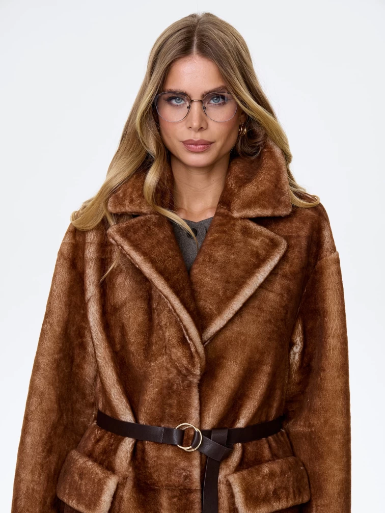 Длинное женское пальто из натуральной овчины астрагана премиум класса 2053, коричневое, размер 48, артикул 64370-5