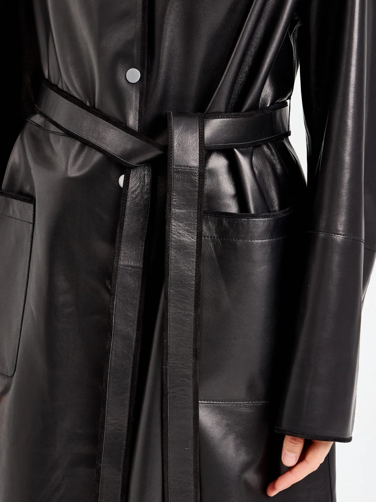 Длинный женский кожаный плащ премиум класса 3099, черный, размер 48, артикул 92120-3