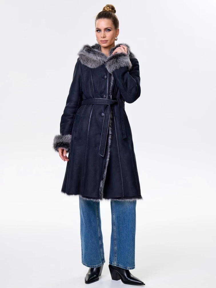 Длинная женская дубленка из тосканы с капюшоном 123нк, черная, размер 52, артикул 61893-4