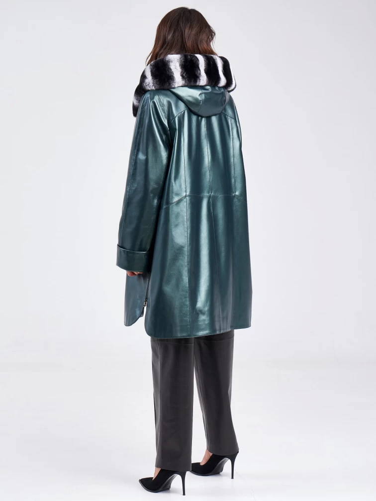 Кожаный плащ с меховым капюшоном женский 3020, зеленый, размер 50, артикул 23270-2